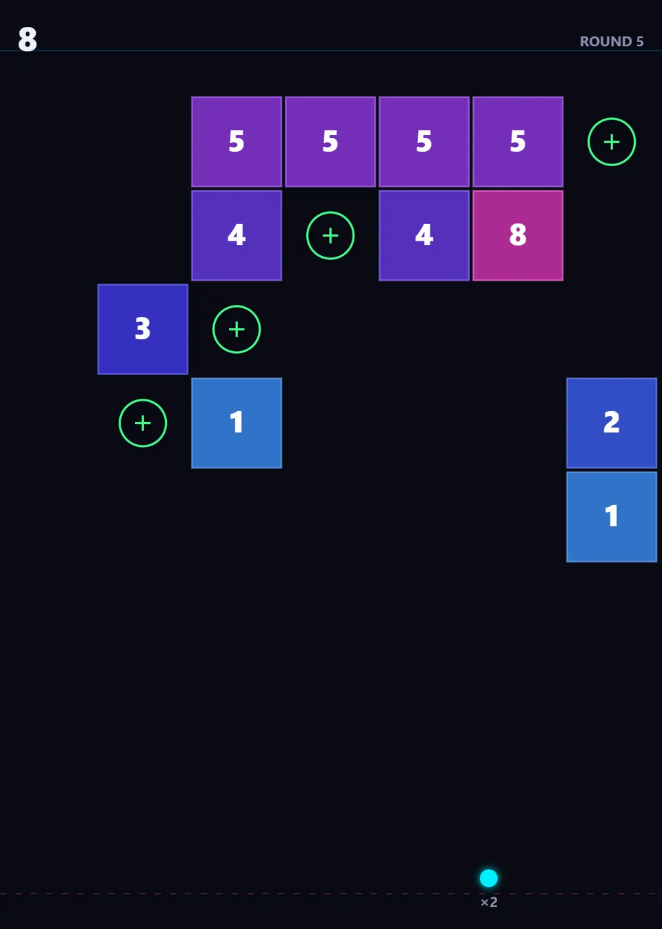 Prism Break board after several real launches with rows of numbered blocks
