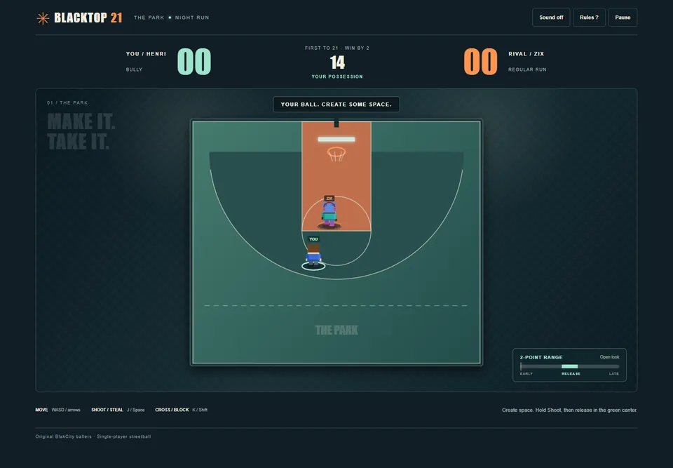 Blacktop 21 basketball court with Henri moving toward the basket and the match HUD.