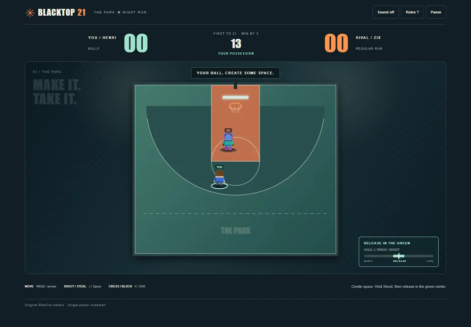 Blacktop 21 shooting action with the timing meter active below the basketball court.