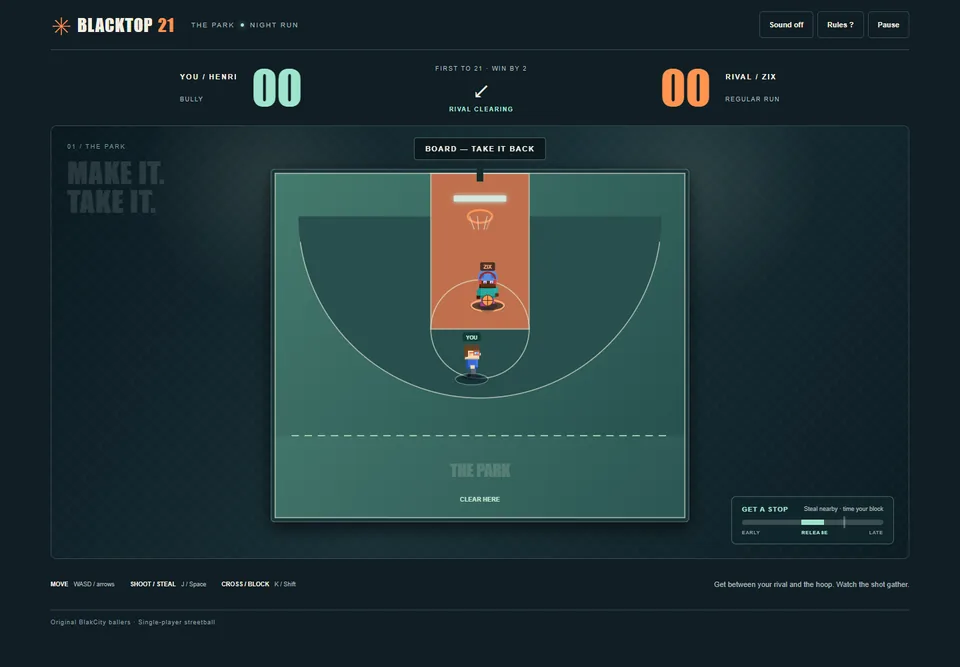 Blacktop 21 rival possession with the human player defending and the control labels showing defense.