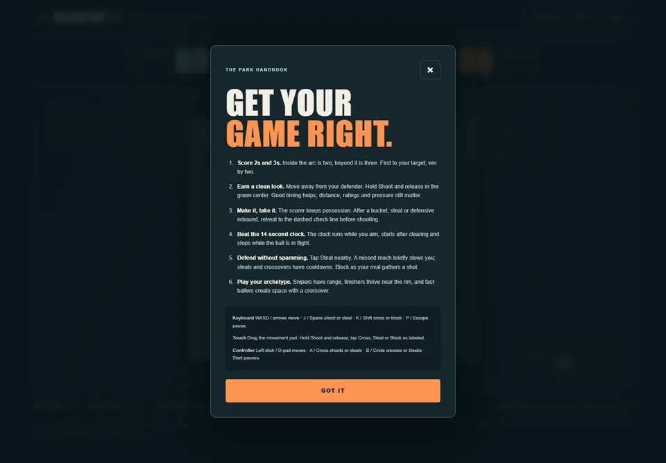 Blacktop 21 handbook explaining scoring, clearing the ball, defense and supported controls.