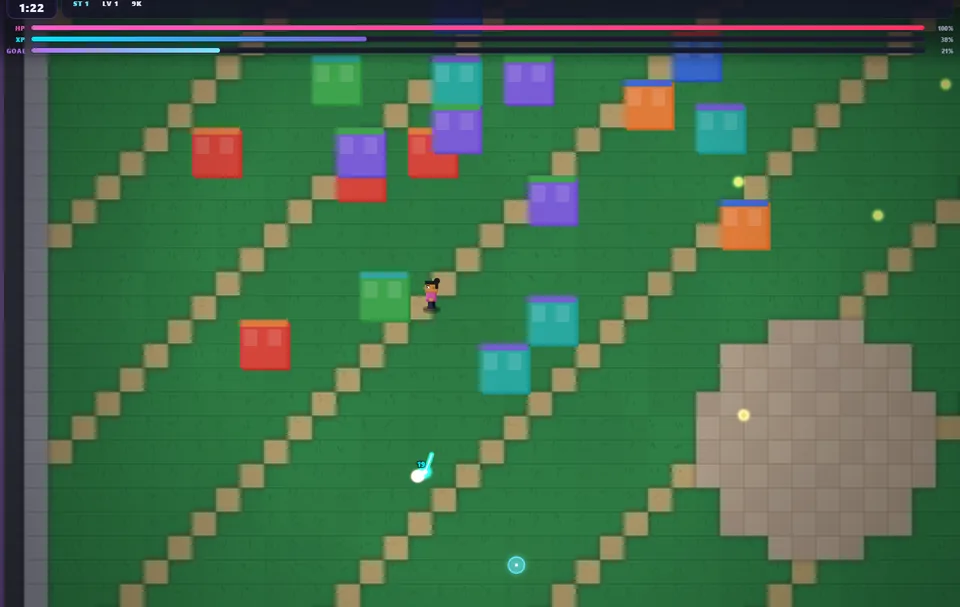 Maya in Blakout campaign action with enemies, projectiles and pickups.