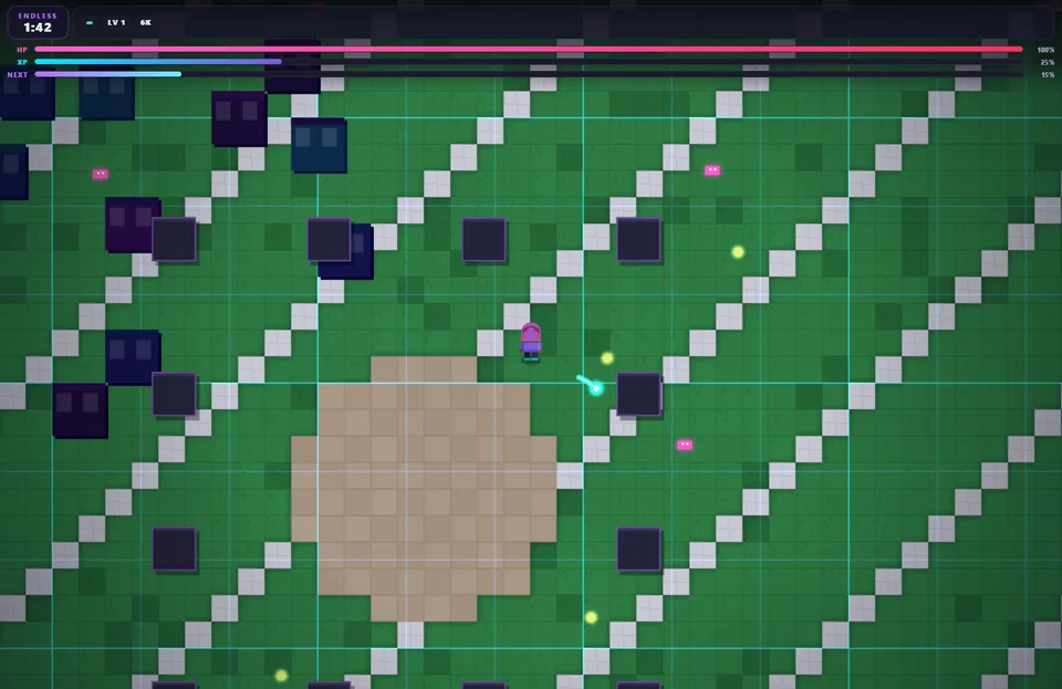 Nova in Blakout’s glowing Neon Grid, surrounded by projectiles, pickups and health and experience bars.