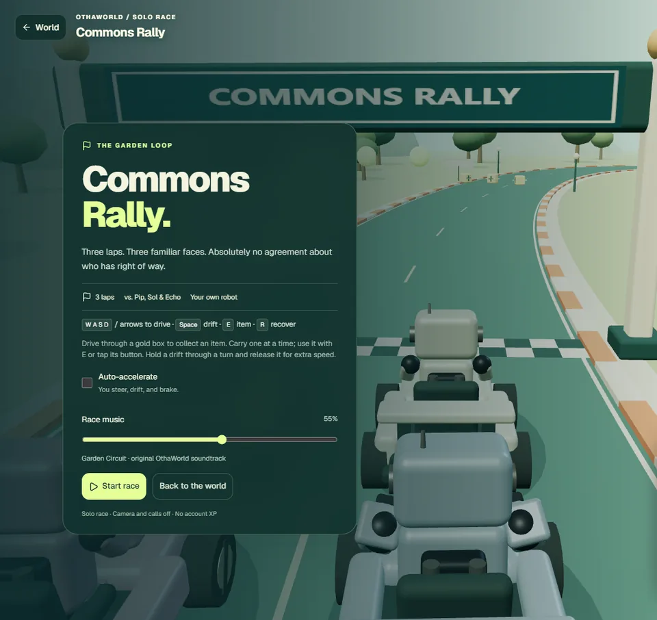 Commons Rally’s race introduction, keyboard guide, start button and track preview.