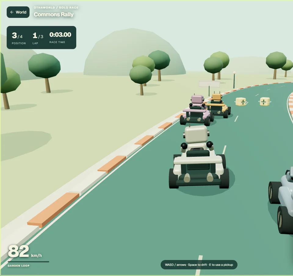 The guest robot’s kart on the Garden Loop starting straight, with race position, lap and timer visible.