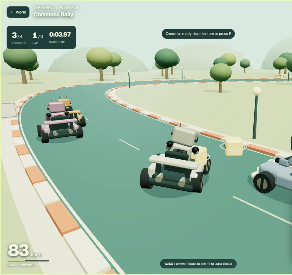 The guest robot’s kart steering into the first Garden Loop bend during an active race.
