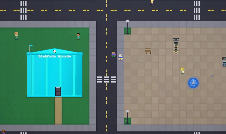 Pixel-art city plaza with a blue fountain, benches, public Guide and OthaBot characters beside BlakCade Arcade