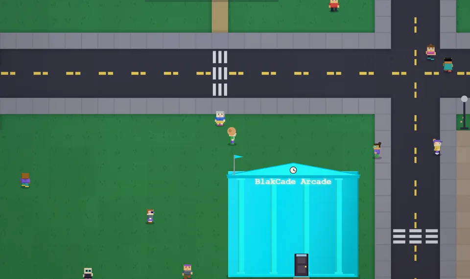 Turquoise BlakCade Arcade building below a public street in BlakCity V1