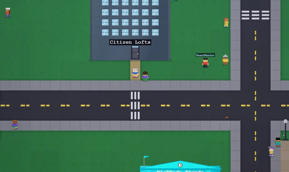 Pixel-art Citizen Lofts building beside a road and public city characters in BlakCity V1