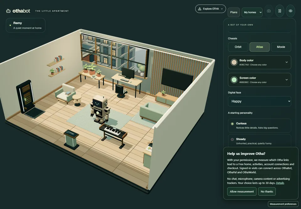 Atlas-style OthaBot in the live customizer with the original measurement prompt visible.