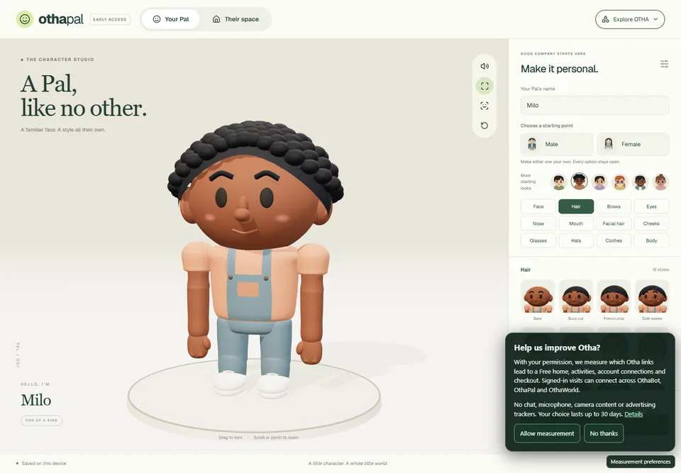 Dark-skinned, curly-haired OthaPal in the live character studio with the original measurement prompt.