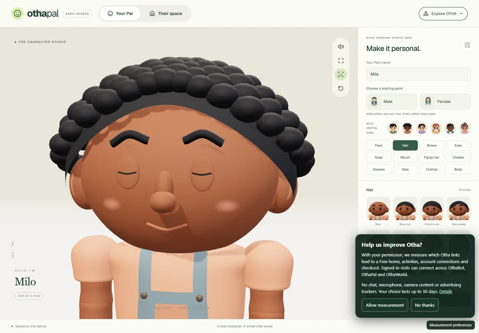 Close-up of the same dark-skinned, curly-haired OthaPal beside the unchanged measurement prompt.