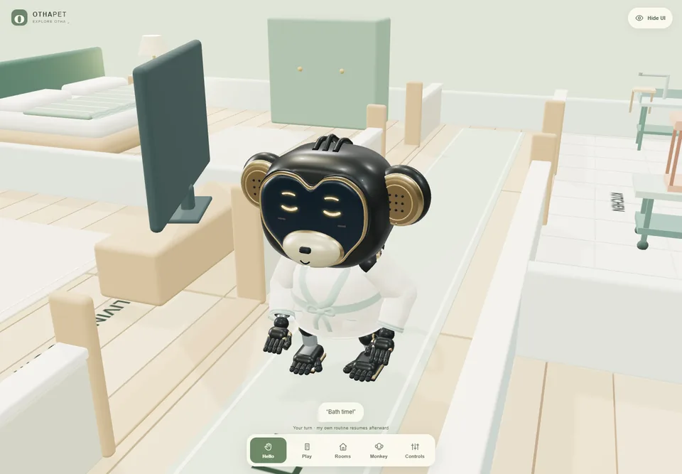 Baby Monkey wearing a bathrobe while preparing for bath time.