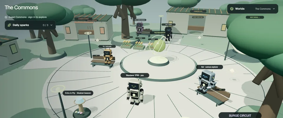 A guest robot in the Commons plaza, with a ringed resonator, resident robots, benches, garden beds and neighborhood buildings.