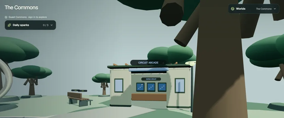 First-person view of the Circuit Arcade building and nearby paths in the Commons.