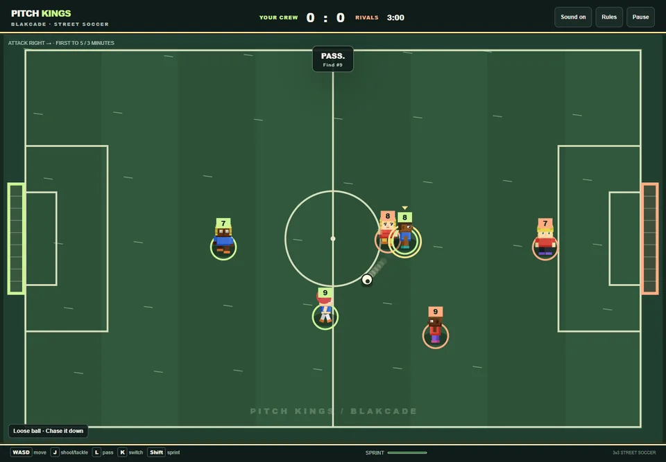 Pitch Kings football match with the ball in open play between teammates and the controlled player marked.