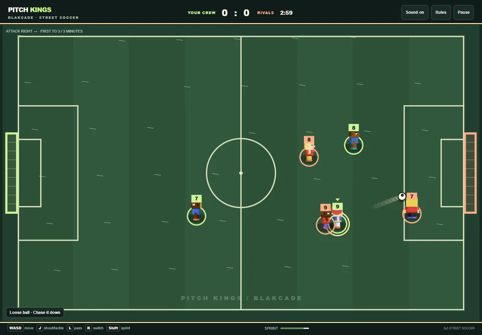 Pitch Kings active match with players contesting the ball and the football pitch visible.
