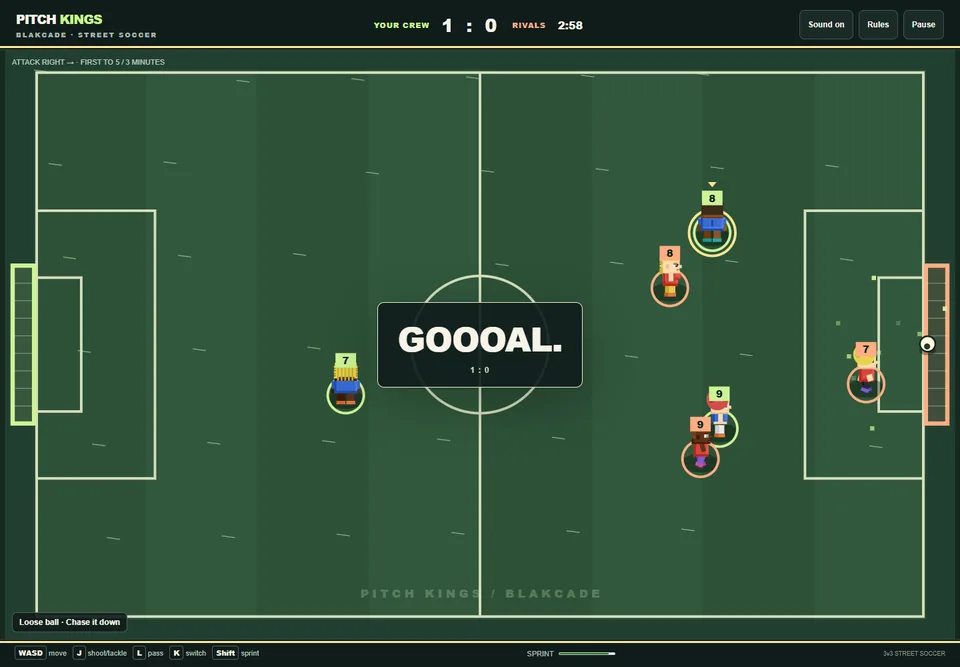 Pitch Kings goal celebration during actual play, with the score updated to one nil and the selected player visible.