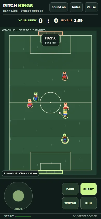 Pitch Kings portrait game view with the match pitch, movement stick, Pass, Shoot, Switch and Run buttons.