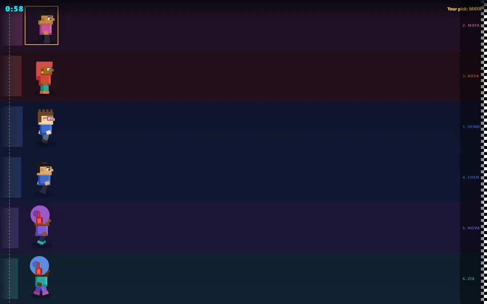 Maya and five other runners racing in six coloured 2D lanes with a timer and position labels.
