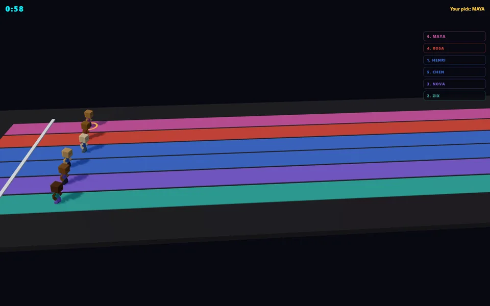 Six block-style 3D runners moving across coloured lanes with race timer and position labels.