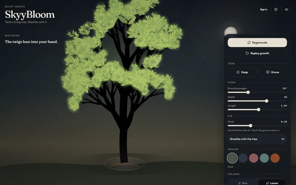SkyyBloom living tree in its native quiet grove