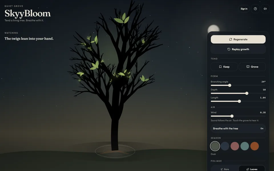 SkyyBloom tree growing through its native replay animation
