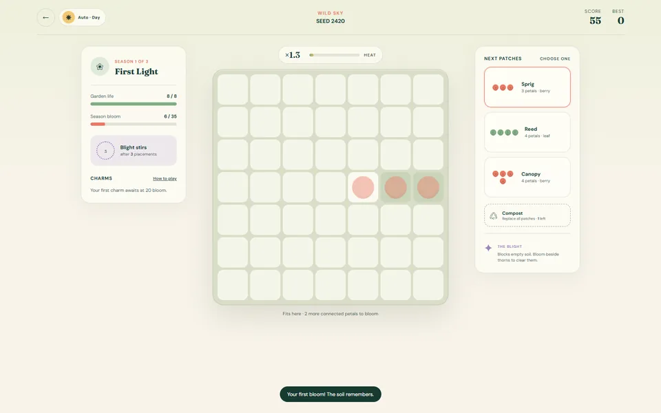 SkyyGarden board and score after a native first patch placement