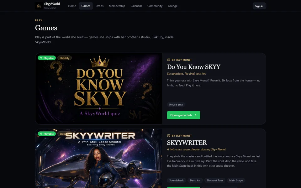 SkyyWorld games directory in a desktop browser