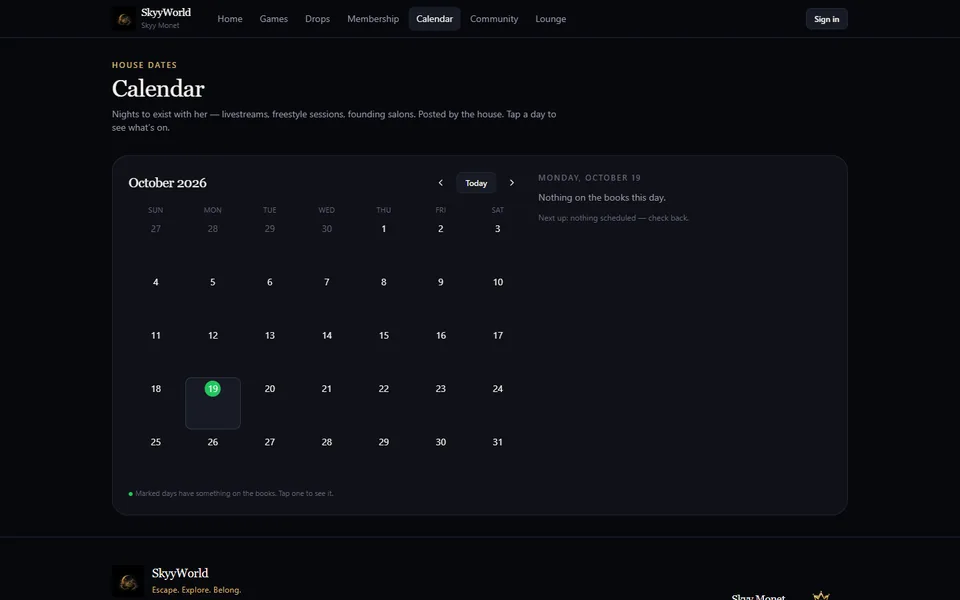 SkyyWorld public calendar in a desktop browser