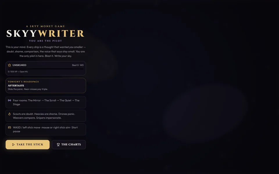 SKYYWRITER on its public browser entry screen