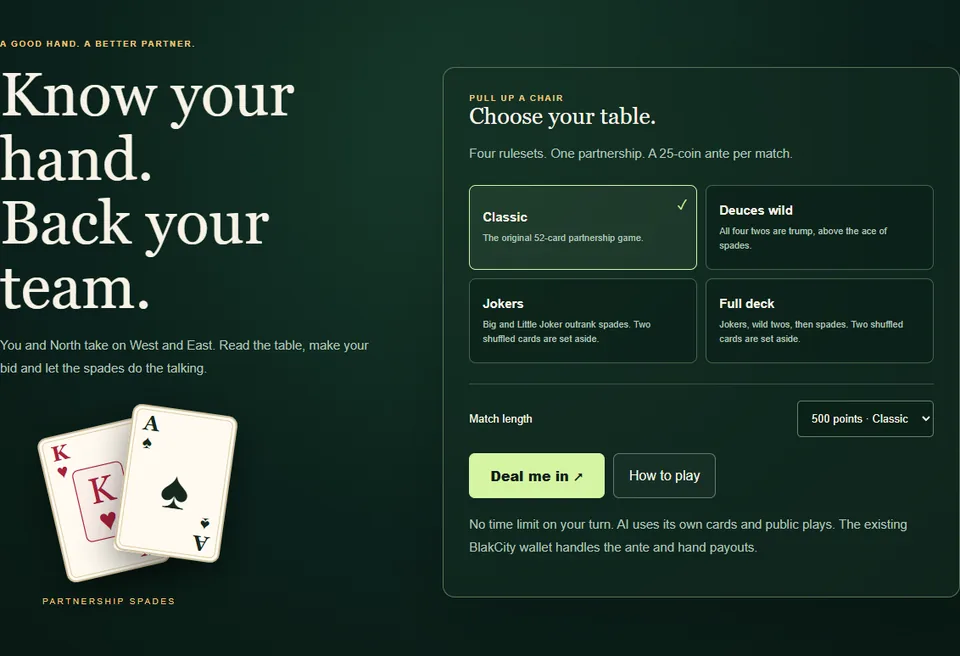 Spades table options with Classic, Jokers, Deuces and Full Deck rulesets and the match length control.