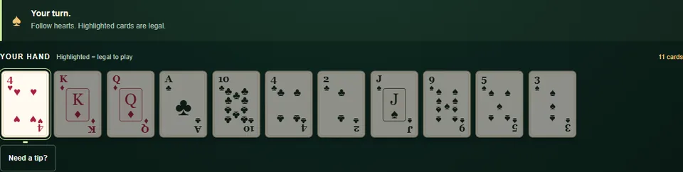 Spades player hand with the four of hearts highlighted as a legal play and the follow-hearts instruction above.