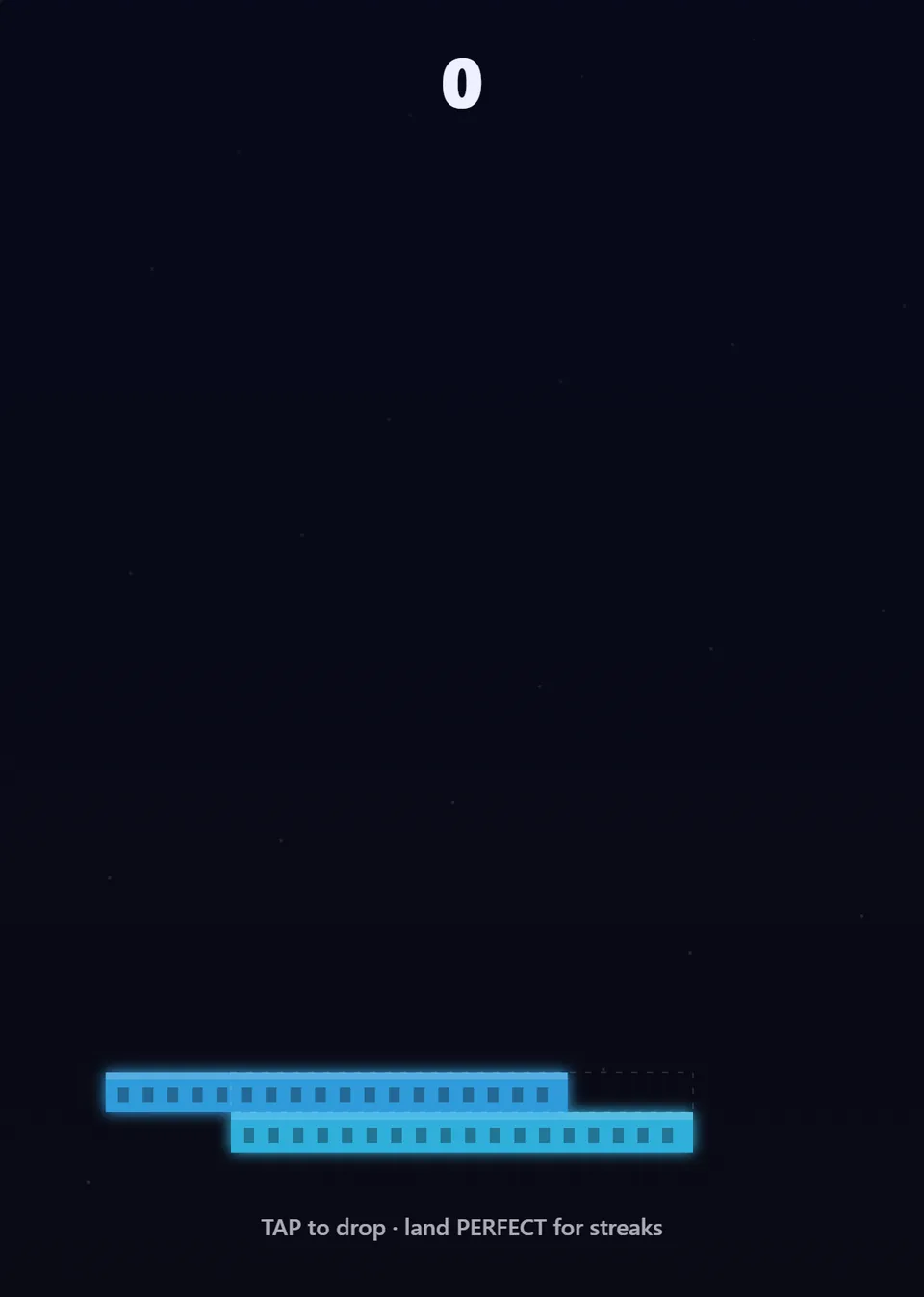 STAKK ready-to-play view with the base block, moving first block and tap-to-drop instructions