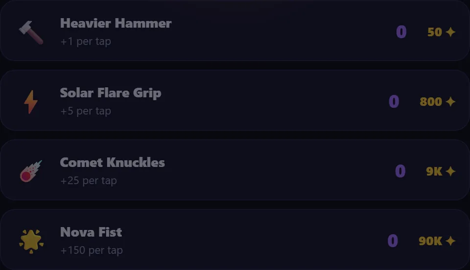 Star Forge tapping upgrade list showing names, effects and costs