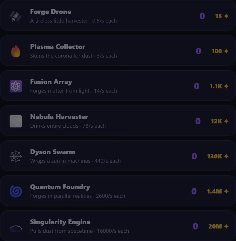 Star Forge infrastructure list including forge drones and fusion arrays