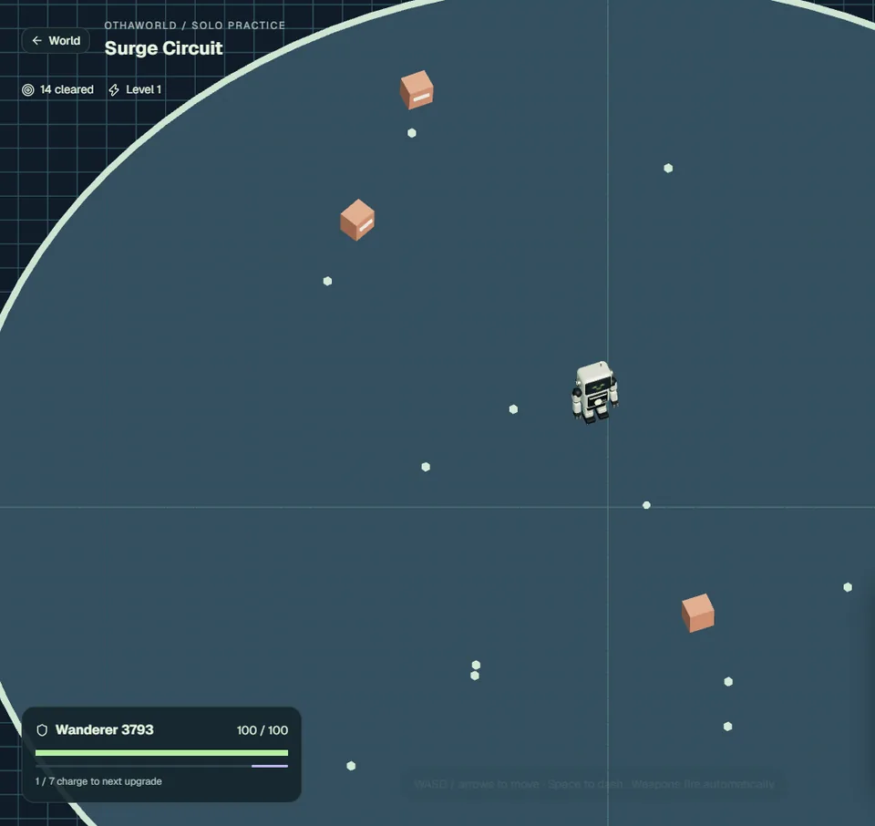 An early Surge Circuit drone wave around the guest robot, with projectiles, charge pickups and health visible.