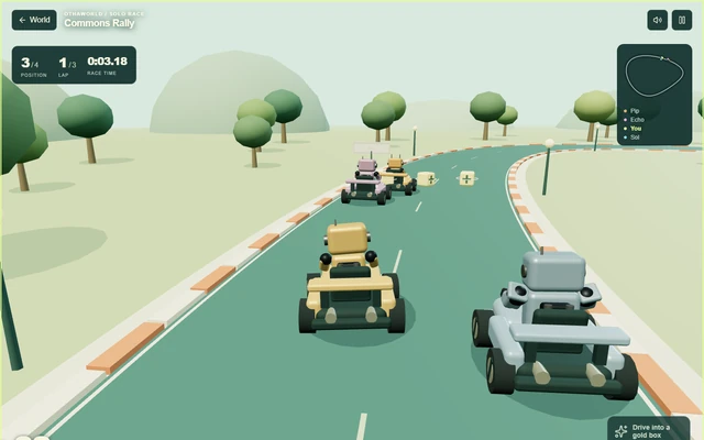 Commons Rally gameplay with robot racers rounding a green track.