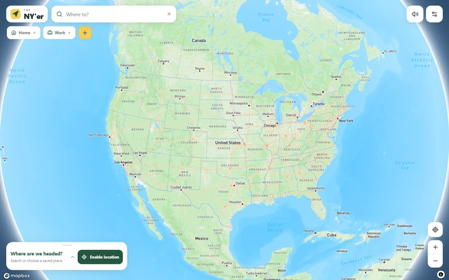 The NY'er GPS map with destination search and saved-place controls.