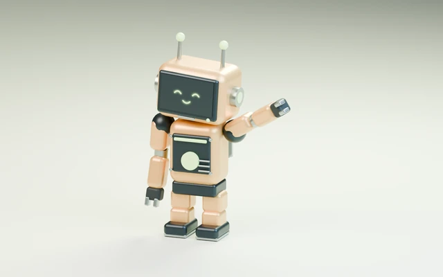 Pip, the golden OthaBot robot, waving on a cream studio backdrop