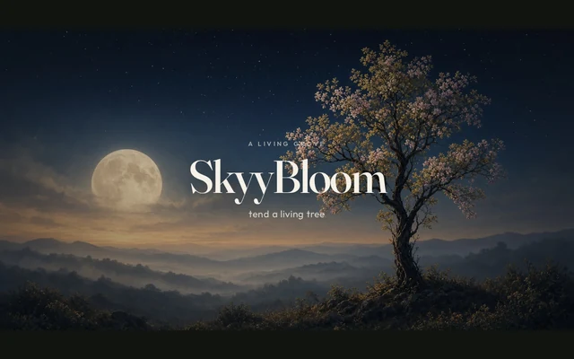 SkyyBloom promotional title artwork with a flowering tree under a moonlit sky; no gameplay is shown