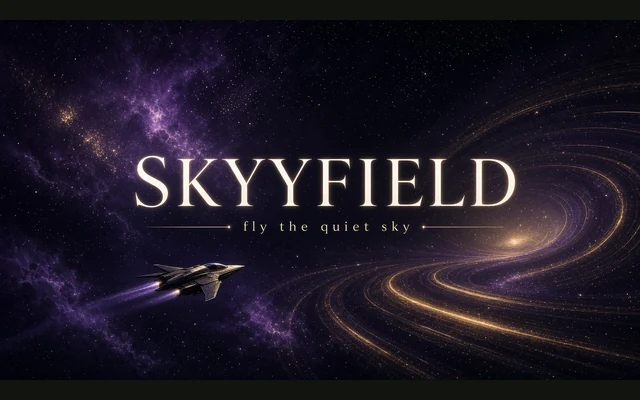 SkyyField promotional title artwork with a spacecraft and golden trails; no gameplay is shown