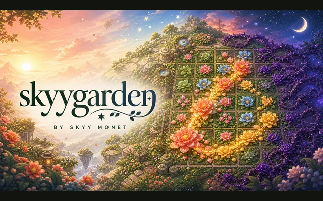 SkyyGarden promotional title artwork with flowers and changing skies; no gameplay is shown