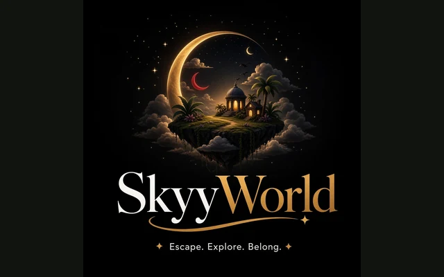 SkyyWorld brand artwork with a floating island, crescent moon and gold-and-white wordmark