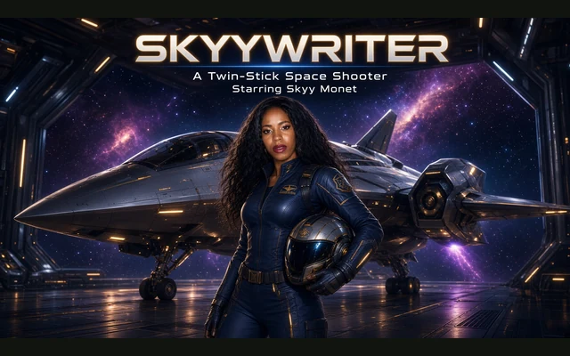 SKYYWRITER promotional title artwork with Skyy Monet and a spacecraft; no gameplay is shown