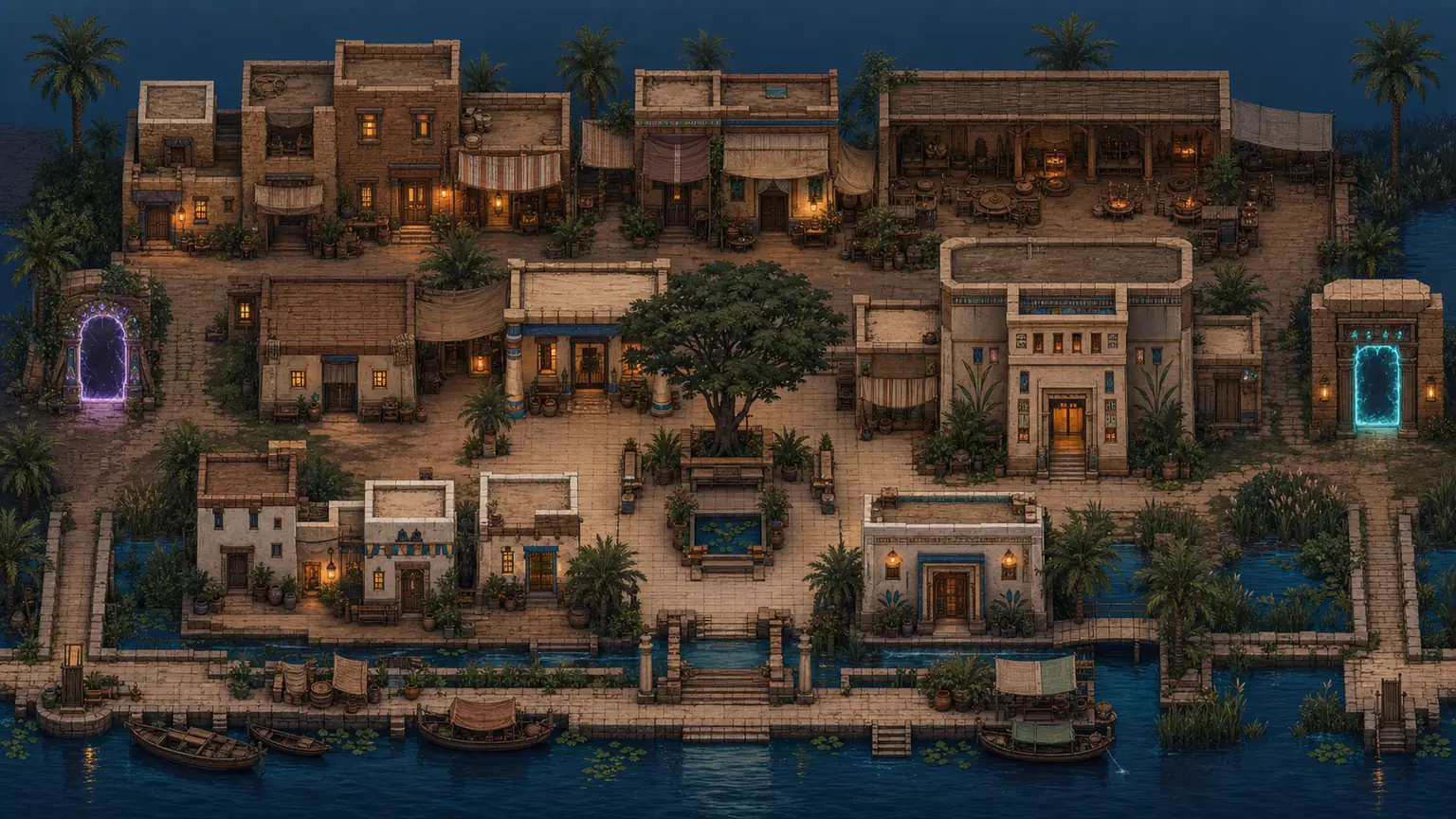River Court v2 original Nile-valley homes, market, workshop, civic court, portals, terrain, and environmental art