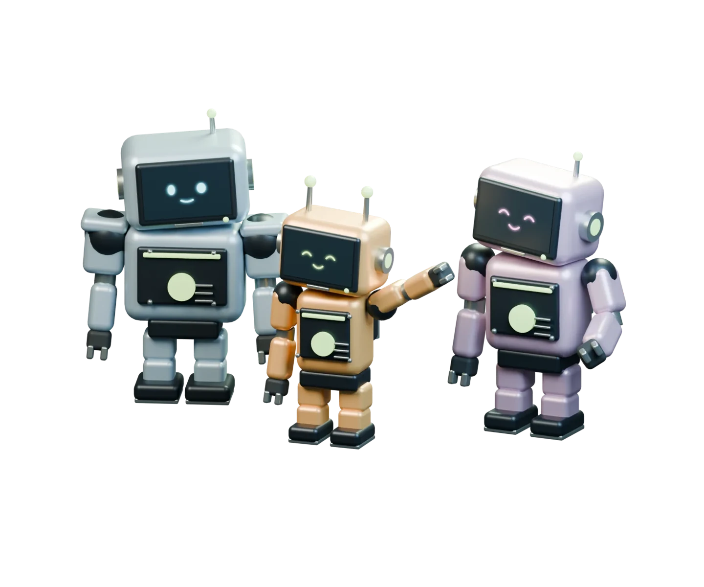 The OTHA robot cast: blue Sol, golden Pip and lavender Echo